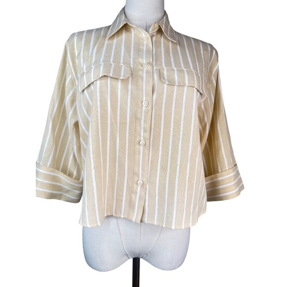 ZARA XS Beige & White Striped Button-Up Cropped Shirt With 3/4 Sleeves - Picture 5 of 12